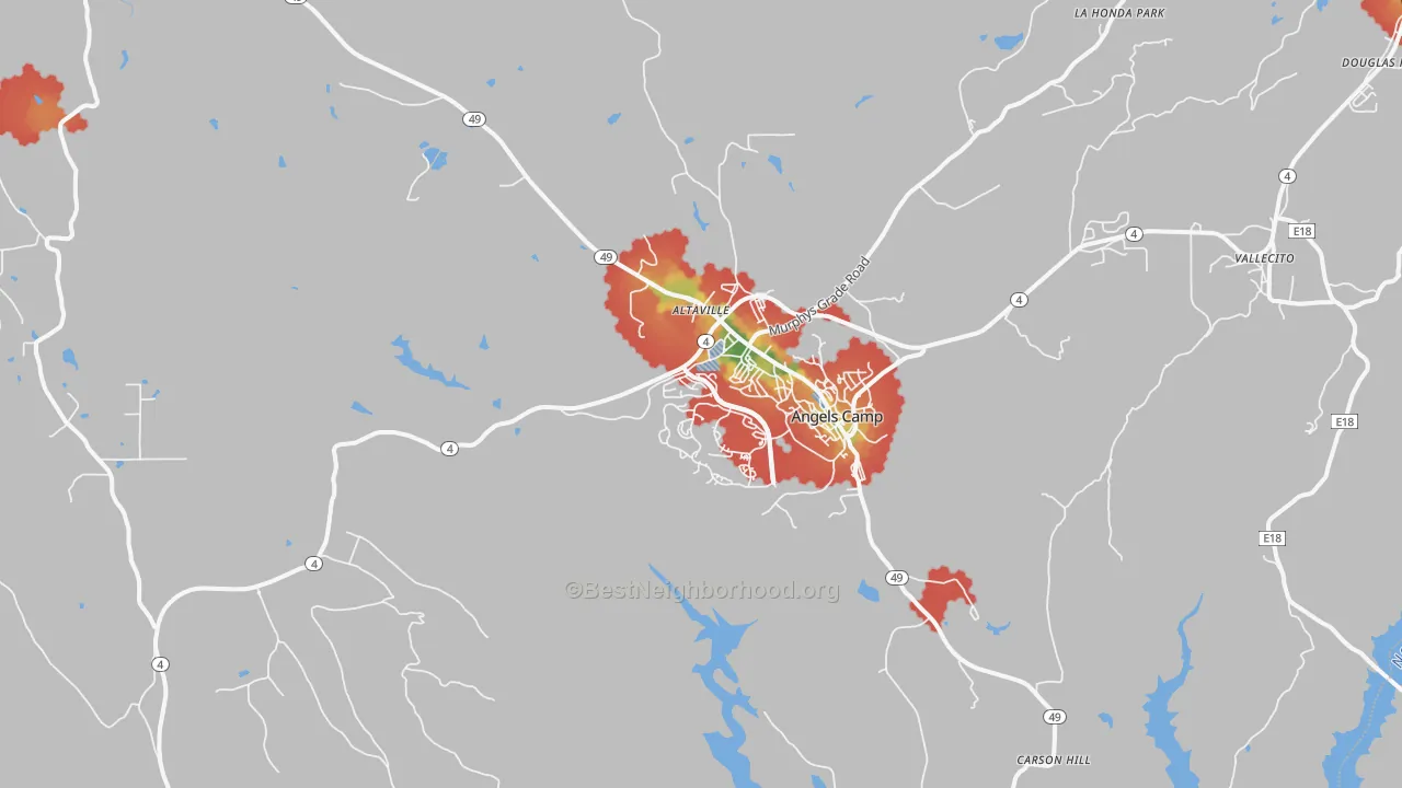 Walk Grade map of 95222, CA, walkable areas in green and car-dependent areas in red
