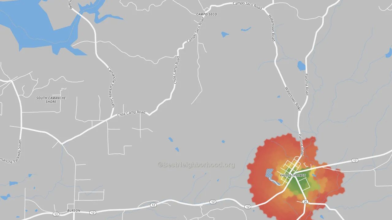 Walk Grade map of 95226, CA, walkable areas in green and car-dependent areas in red