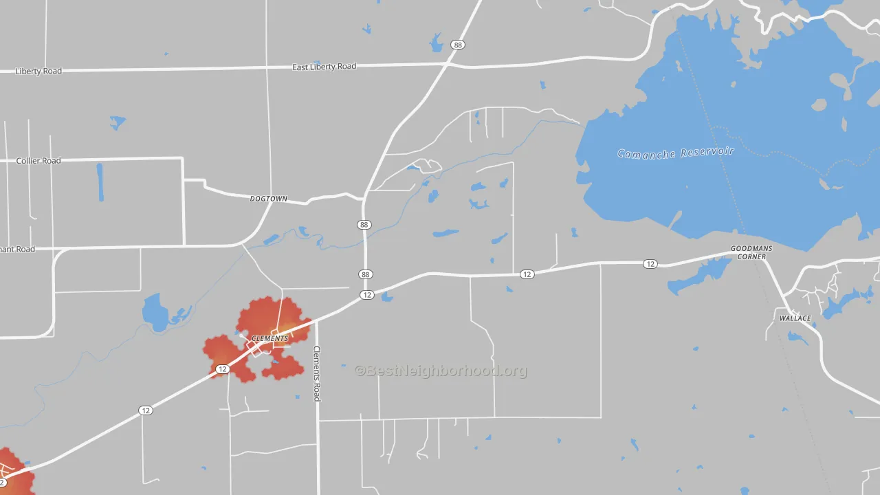 Walk Grade map of 95227, CA, walkable areas in green and car-dependent areas in red