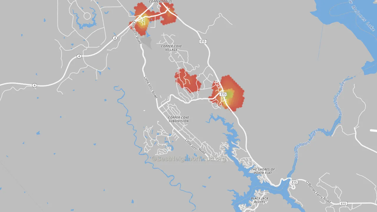 Walk Grade map of 95228, CA, walkable areas in green and car-dependent areas in red