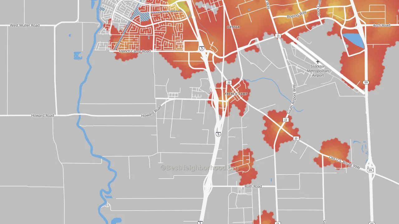 Walk Grade map of 95231, CA, walkable areas in green and car-dependent areas in red