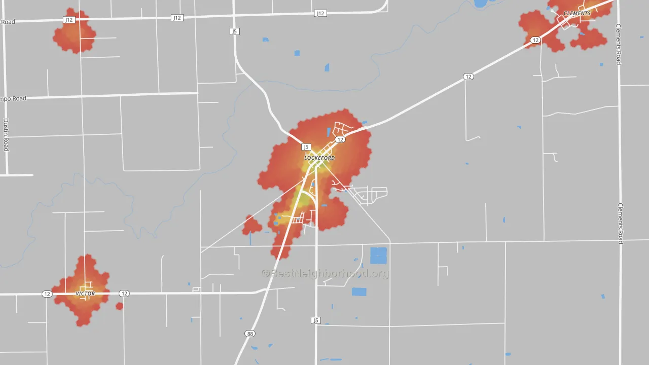 Walk Grade map of 95237, CA, walkable areas in green and car-dependent areas in red