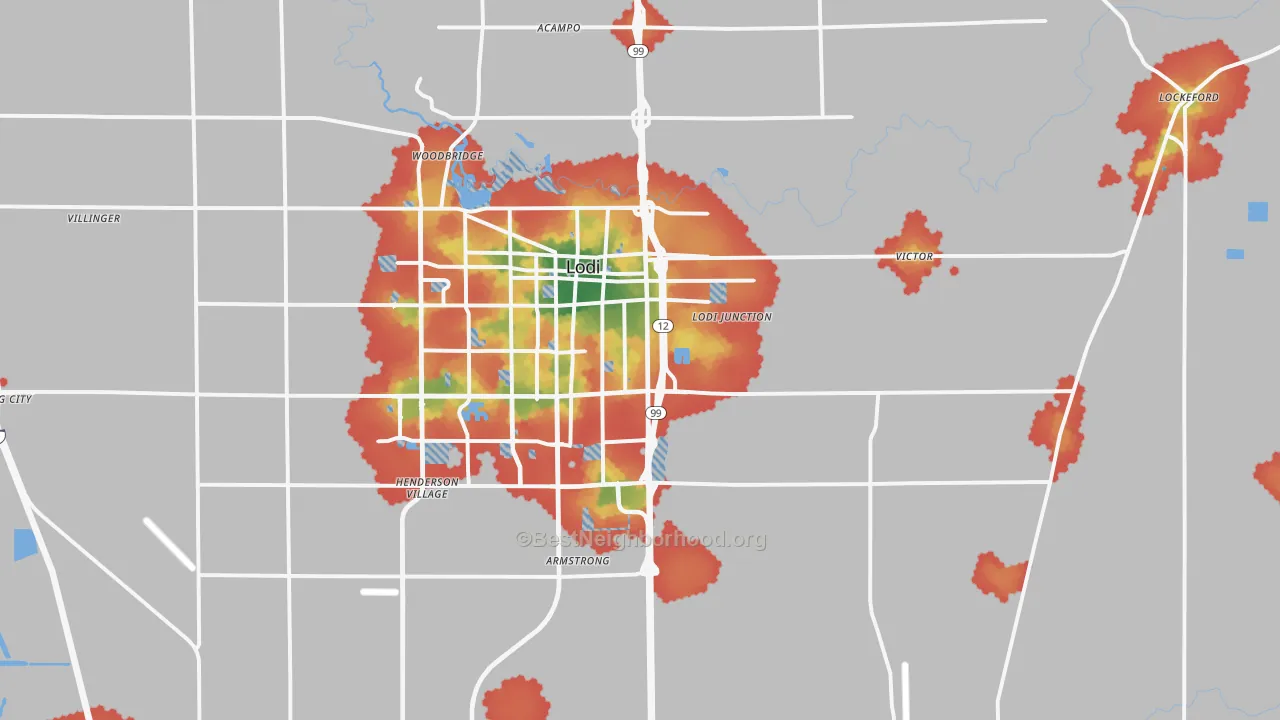 Walk Grade map of 95240, CA, walkable areas in green and car-dependent areas in red