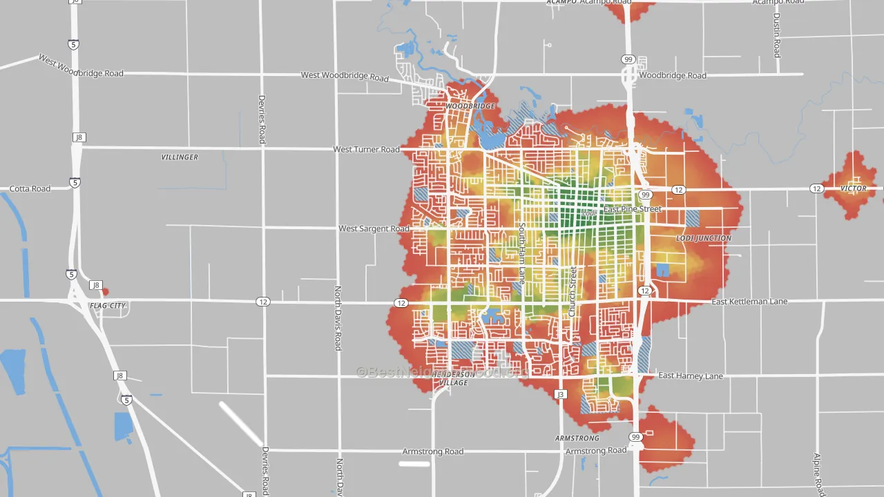 Walk Grade map of 95242, CA, walkable areas in green and car-dependent areas in red