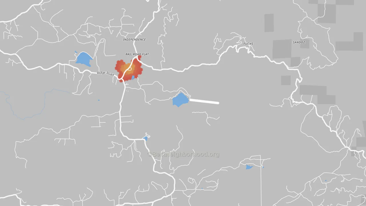 Walk Grade map of 95248, CA, walkable areas in green and car-dependent areas in red