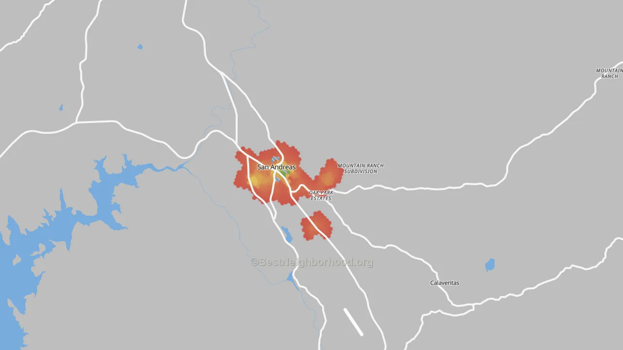 Walk Grade map of 95249, CA, walkable areas in green and car-dependent areas in red