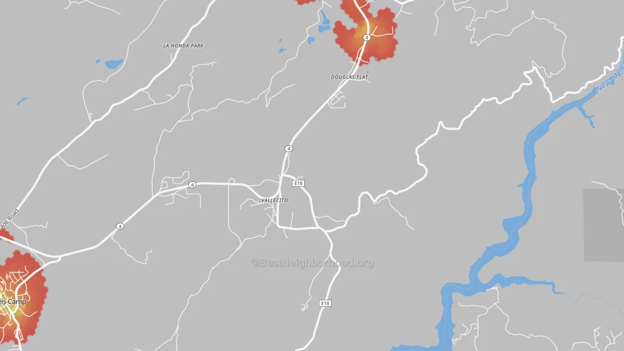 Walk Grade map of 95251, CA, walkable areas in green and car-dependent areas in red