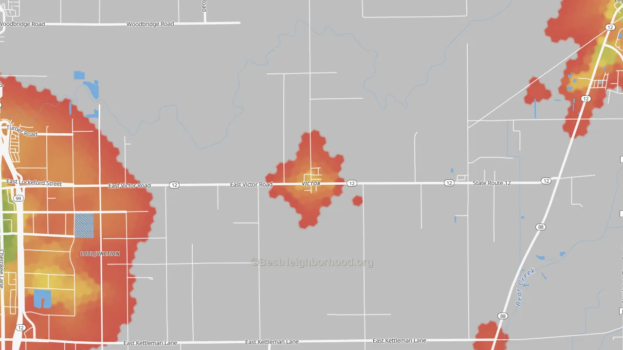 Walk Grade map of 95253, CA, walkable areas in green and car-dependent areas in red