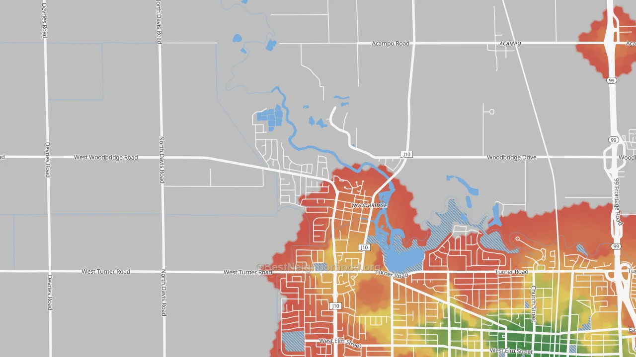 Walk Grade map of 95258, CA, walkable areas in green and car-dependent areas in red