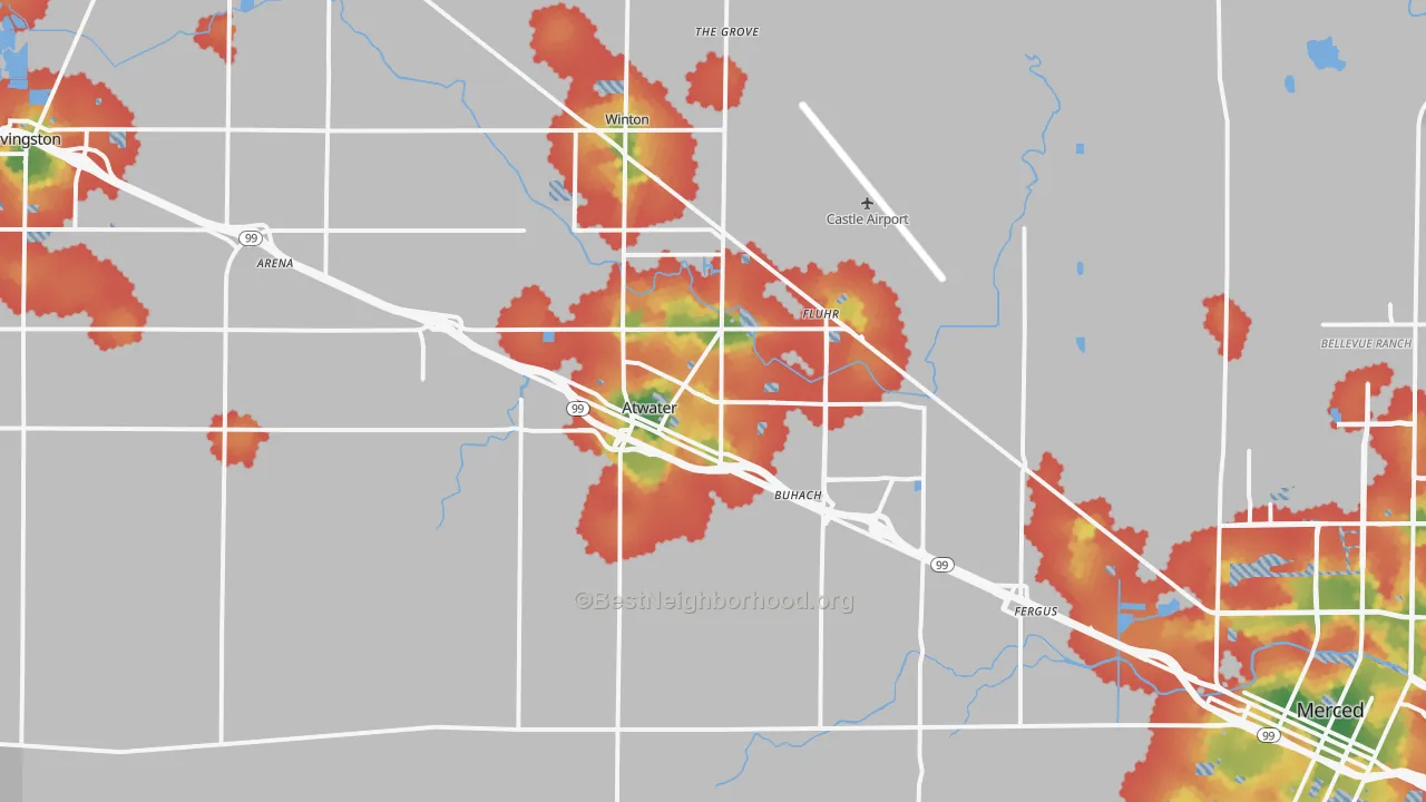 Walk Grade map of 95301, CA, walkable areas in green and car-dependent areas in red