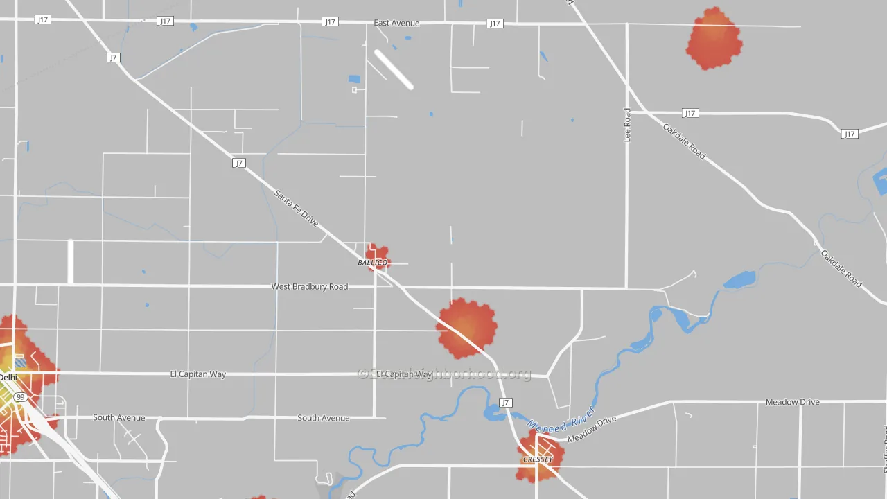 Walk Grade map of 95303, CA, walkable areas in green and car-dependent areas in red