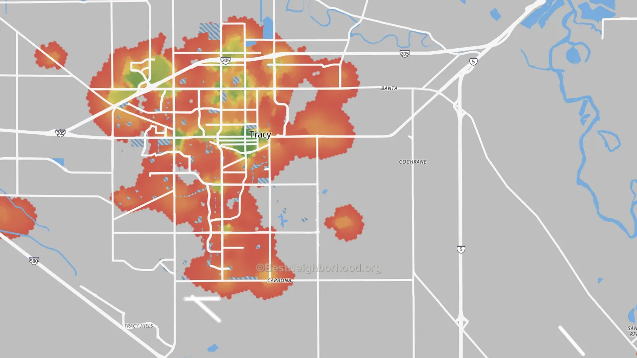 Walk Grade map of 95304, CA, walkable areas in green and car-dependent areas in red