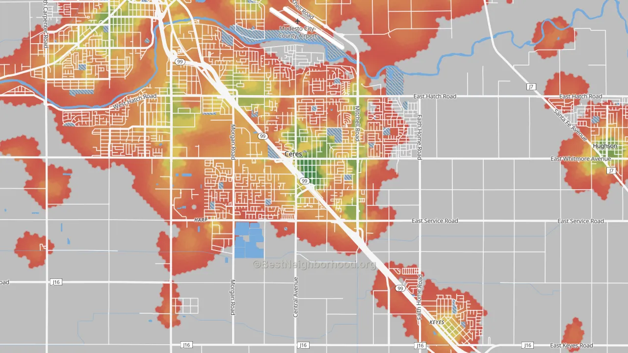 Walk Grade map of 95307, CA, walkable areas in green and car-dependent areas in red