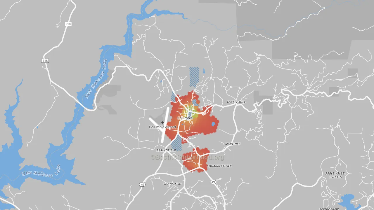 Walk Grade map of 95310, CA, walkable areas in green and car-dependent areas in red