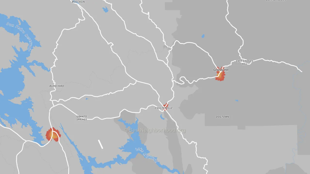 Walk Grade map of 95311, CA, walkable areas in green and car-dependent areas in red