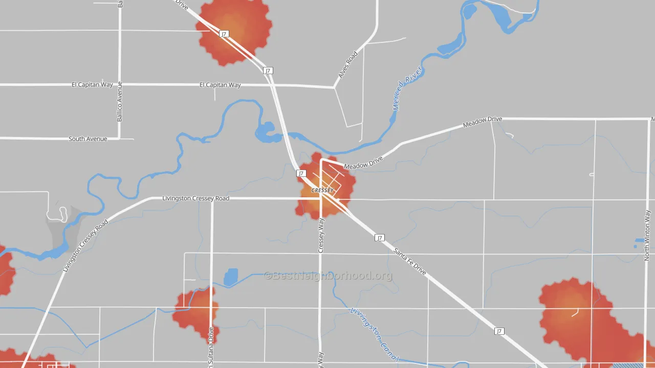 Walk Grade map of 95312, CA, walkable areas in green and car-dependent areas in red