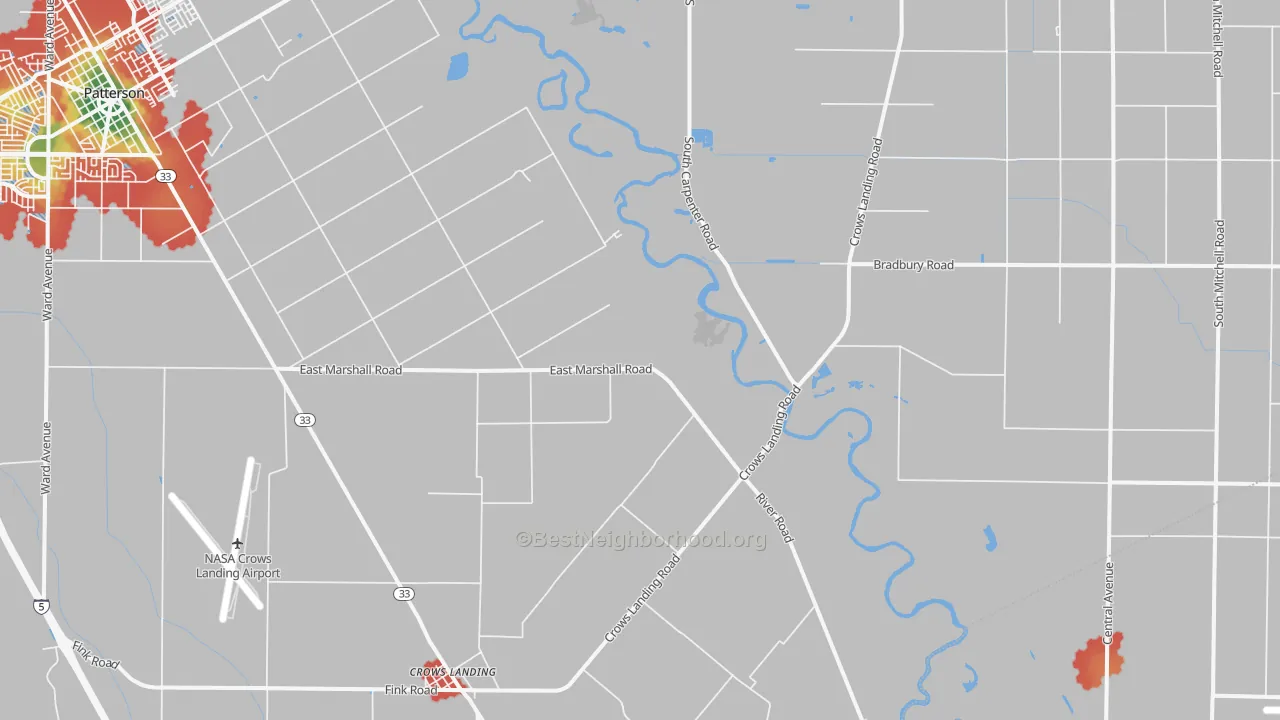 Walk Grade map of 95313, CA, walkable areas in green and car-dependent areas in red