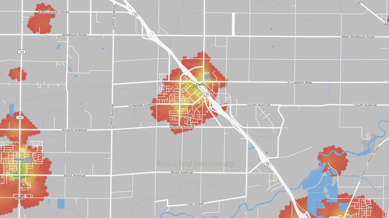 Walk Grade map of 95315, CA, walkable areas in green and car-dependent areas in red