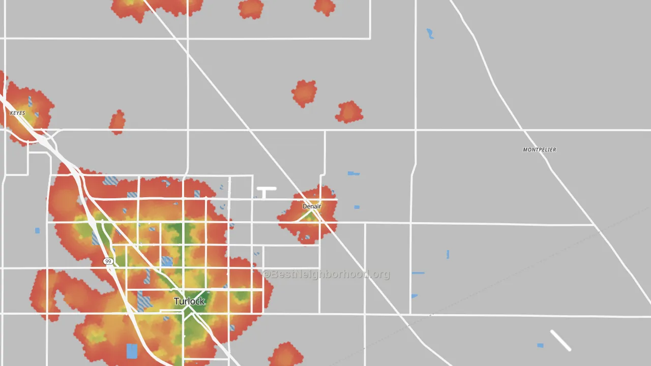 Walk Grade map of 95316, CA, walkable areas in green and car-dependent areas in red