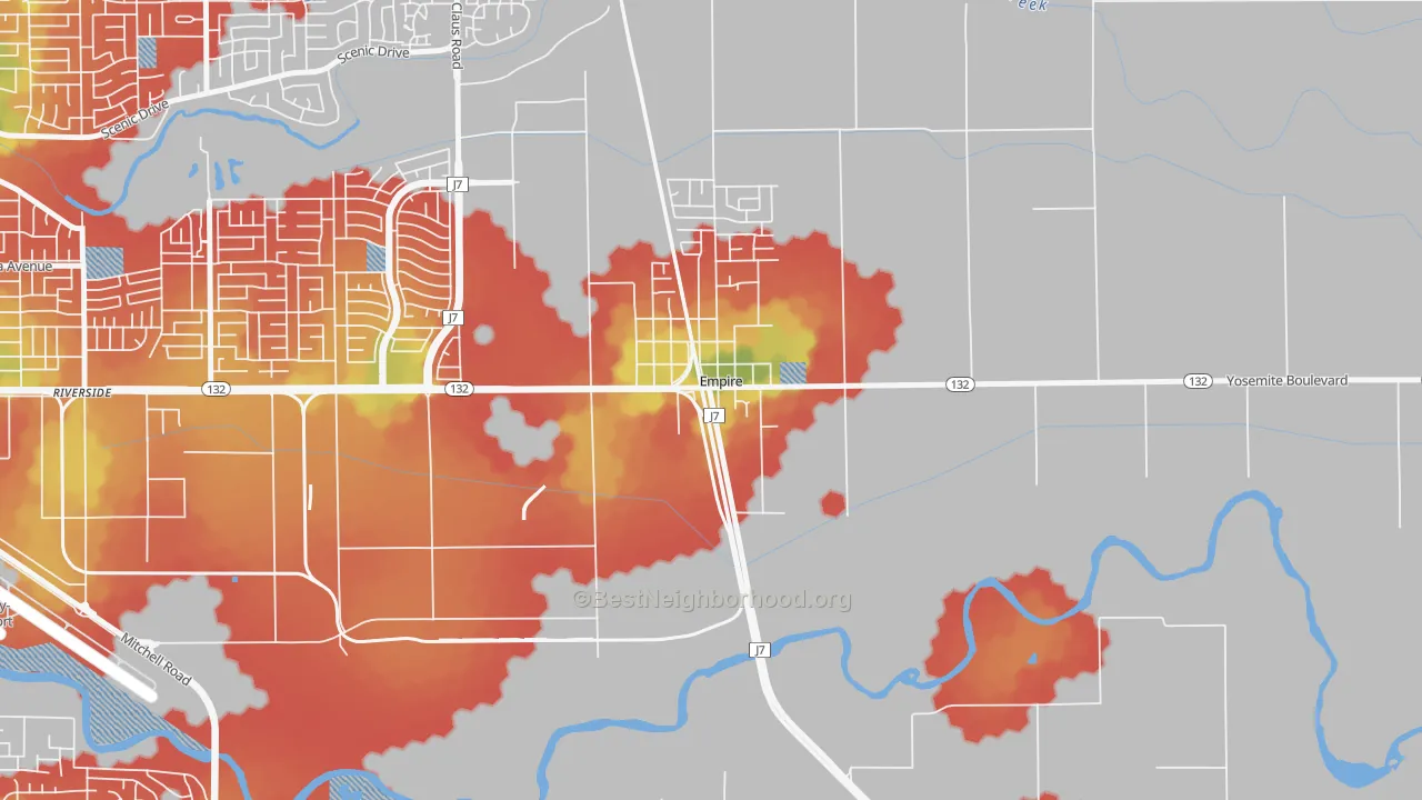 Walk Grade map of 95319, CA, walkable areas in green and car-dependent areas in red