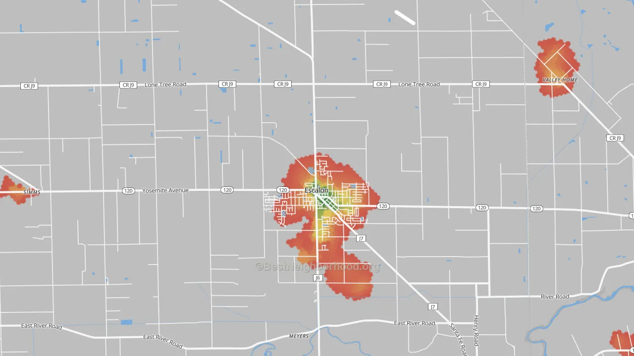 Walk Grade map of 95320, CA, walkable areas in green and car-dependent areas in red