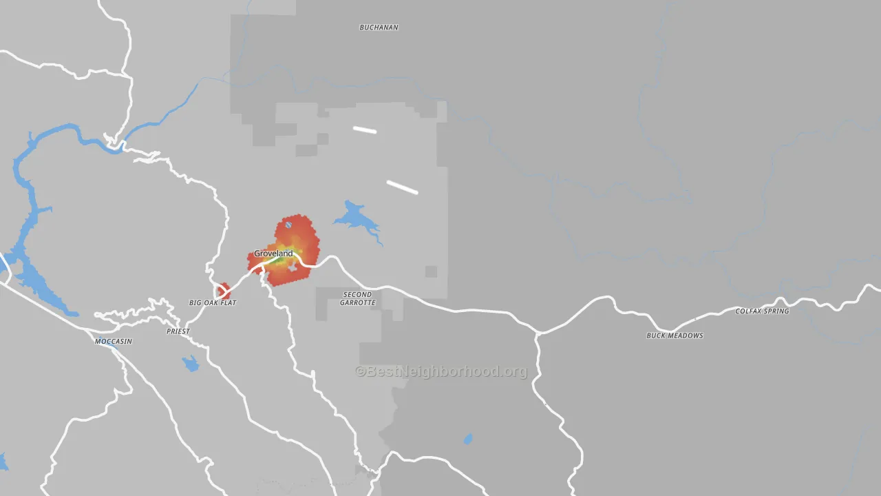 Walk Grade map of 95321, CA, walkable areas in green and car-dependent areas in red