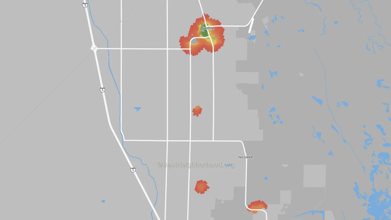 Walk Grade map of 95322, CA, walkable areas in green and car-dependent areas in red