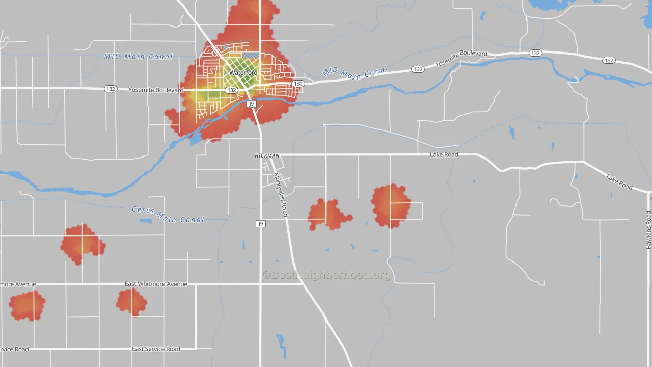 Walk Grade map of 95323, CA, walkable areas in green and car-dependent areas in red
