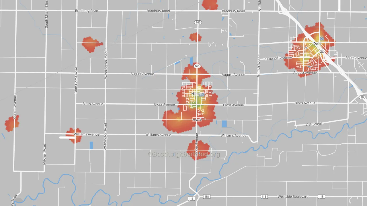 Walk Grade map of 95324, CA, walkable areas in green and car-dependent areas in red