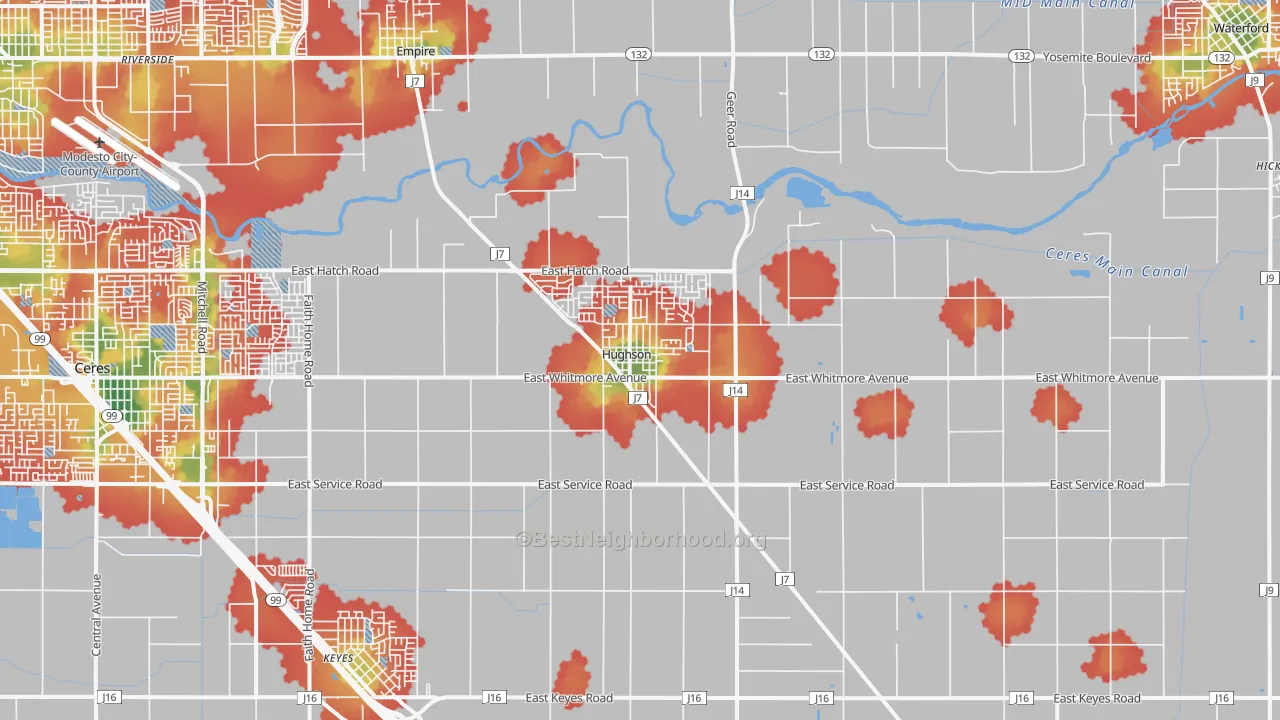 Walk Grade map of 95326, CA, walkable areas in green and car-dependent areas in red