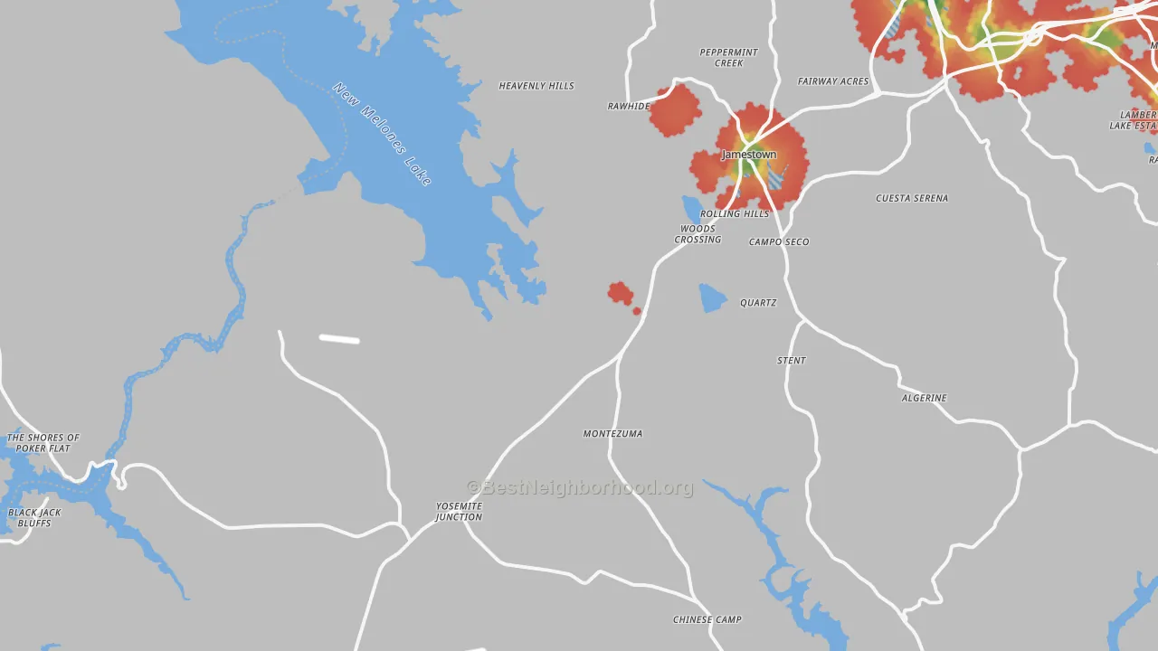 Walk Grade map of 95327, CA, walkable areas in green and car-dependent areas in red