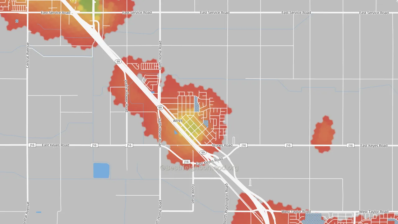 Walk Grade map of 95328, CA, walkable areas in green and car-dependent areas in red