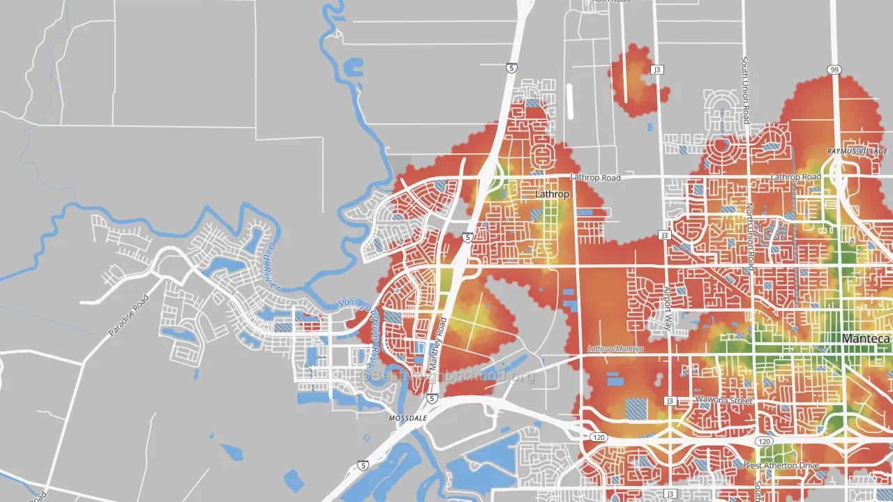 Walk Grade map of 95330, CA, walkable areas in green and car-dependent areas in red
