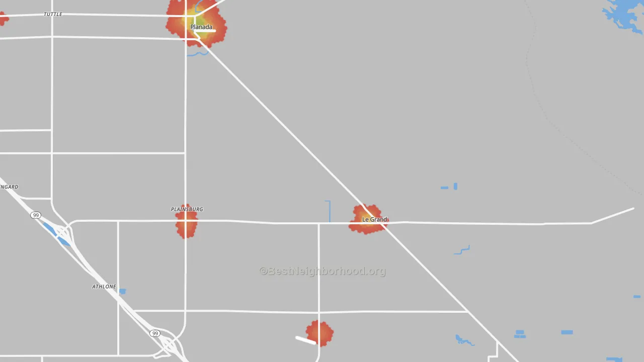 Walk Grade map of 95333, CA, walkable areas in green and car-dependent areas in red