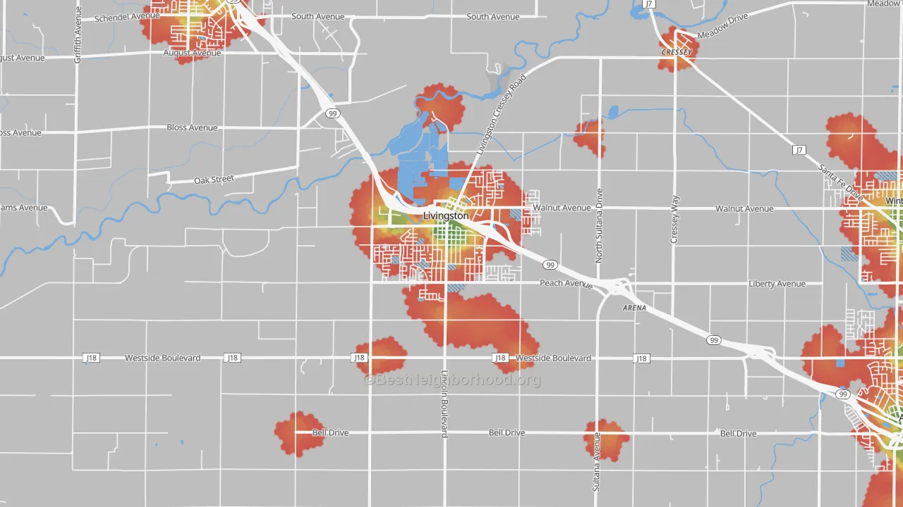 Walk Grade map of 95334, CA, walkable areas in green and car-dependent areas in red
