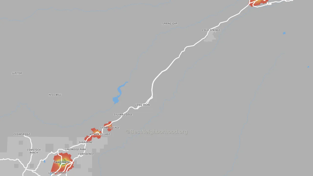 Walk Grade map of 95335, CA, walkable areas in green and car-dependent areas in red