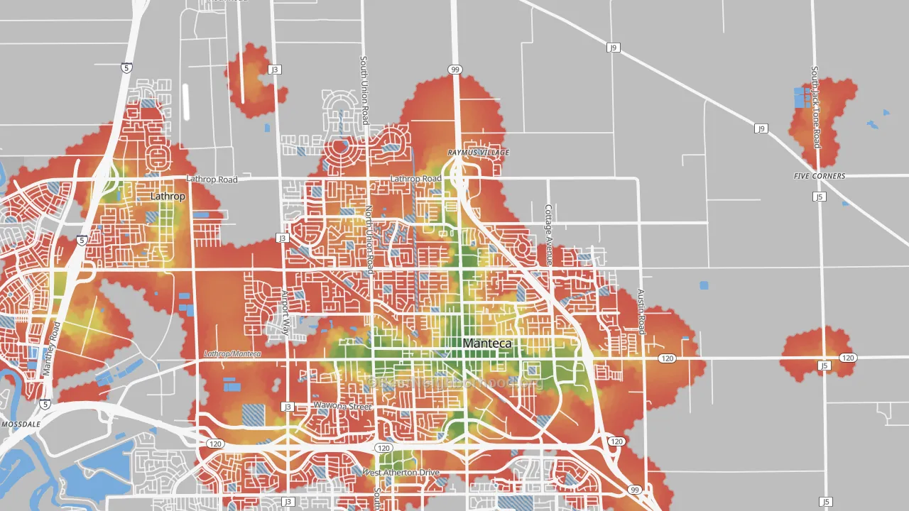 Walk Grade map of 95336, CA, walkable areas in green and car-dependent areas in red