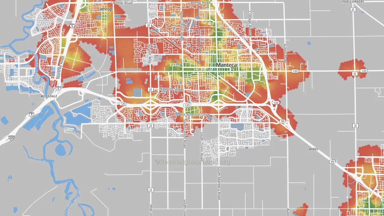 Walk Grade map of 95337, CA, walkable areas in green and car-dependent areas in red