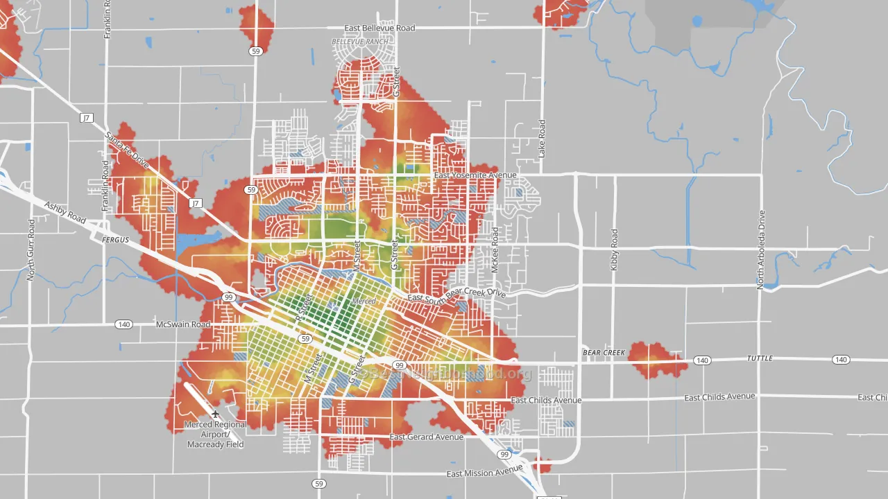 Walk Grade map of 95340, CA, walkable areas in green and car-dependent areas in red