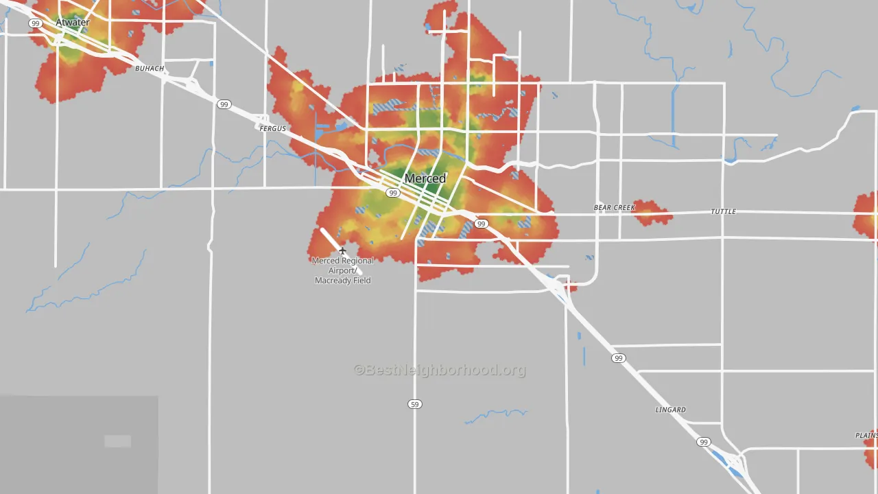 Walk Grade map of 95341, CA, walkable areas in green and car-dependent areas in red