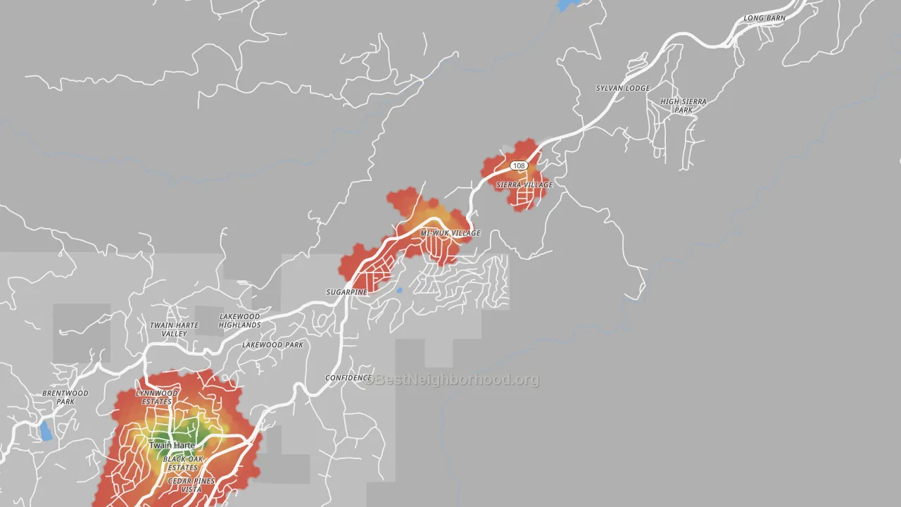 Walk Grade map of 95346, CA, walkable areas in green and car-dependent areas in red