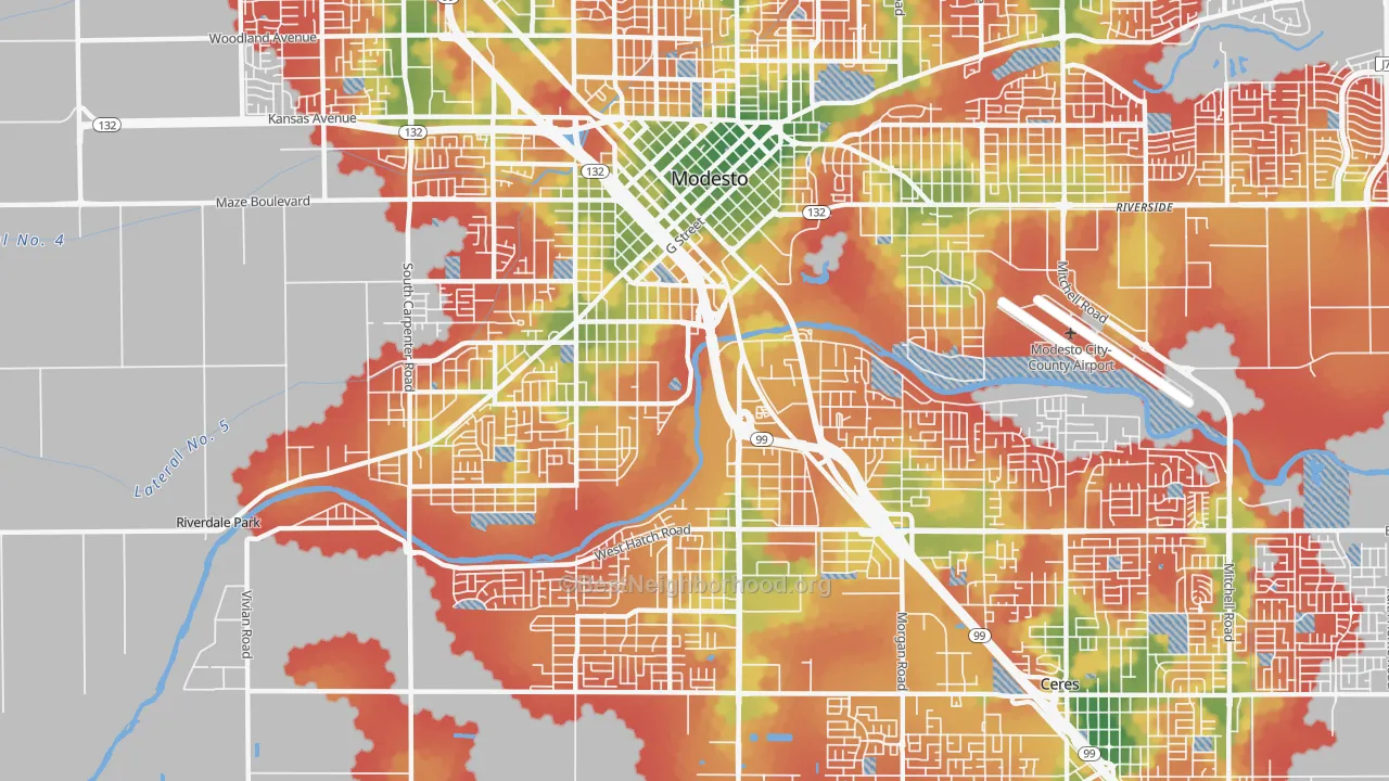 Walk Grade map of 95351, CA, walkable areas in green and car-dependent areas in red
