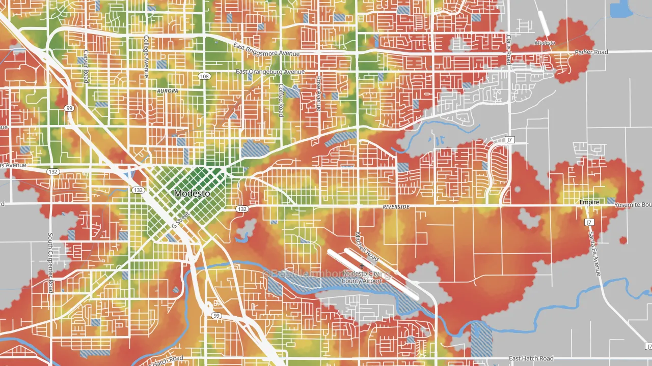 Walk Grade map of 95354, CA, walkable areas in green and car-dependent areas in red