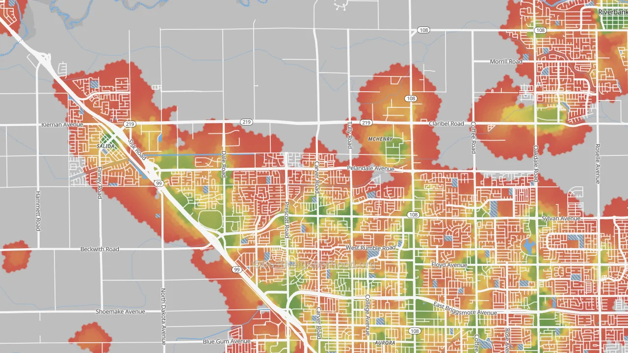 Walk Grade map of 95356, CA, walkable areas in green and car-dependent areas in red