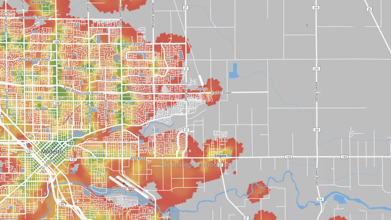 Walk Grade map of 95357, CA, walkable areas in green and car-dependent areas in red