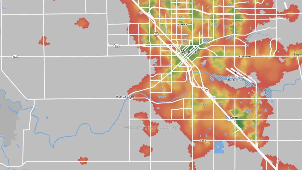 Walk Grade map of 95358, CA, walkable areas in green and car-dependent areas in red