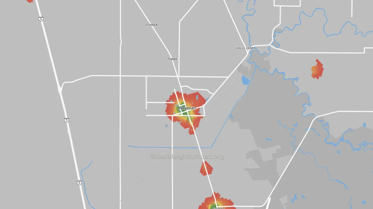 Walk Grade map of 95360, CA, walkable areas in green and car-dependent areas in red