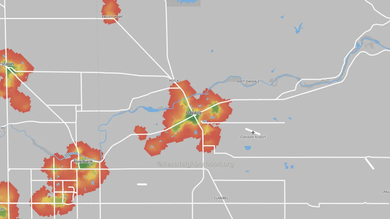 Walk Grade map of 95361, CA, walkable areas in green and car-dependent areas in red