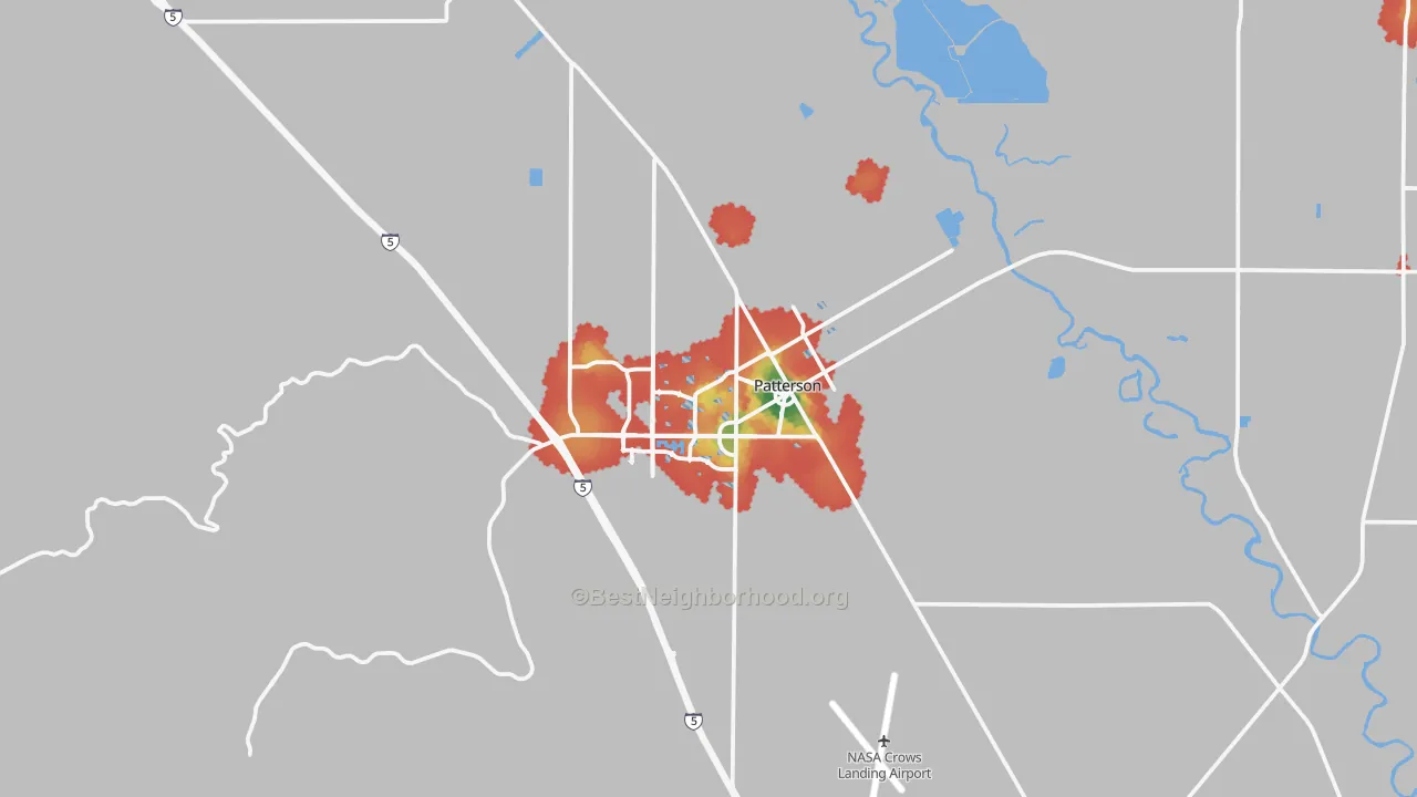 Walk Grade map of 95363, CA, walkable areas in green and car-dependent areas in red