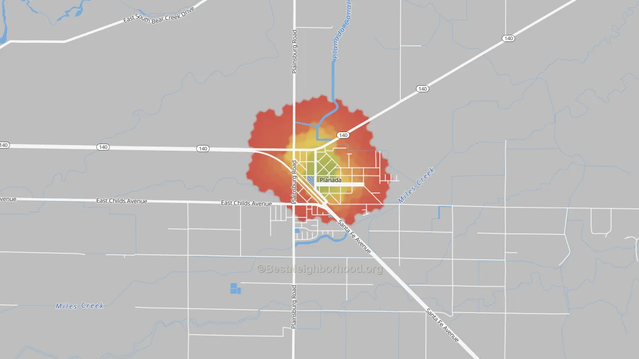 Walk Grade map of 95365, CA, walkable areas in green and car-dependent areas in red